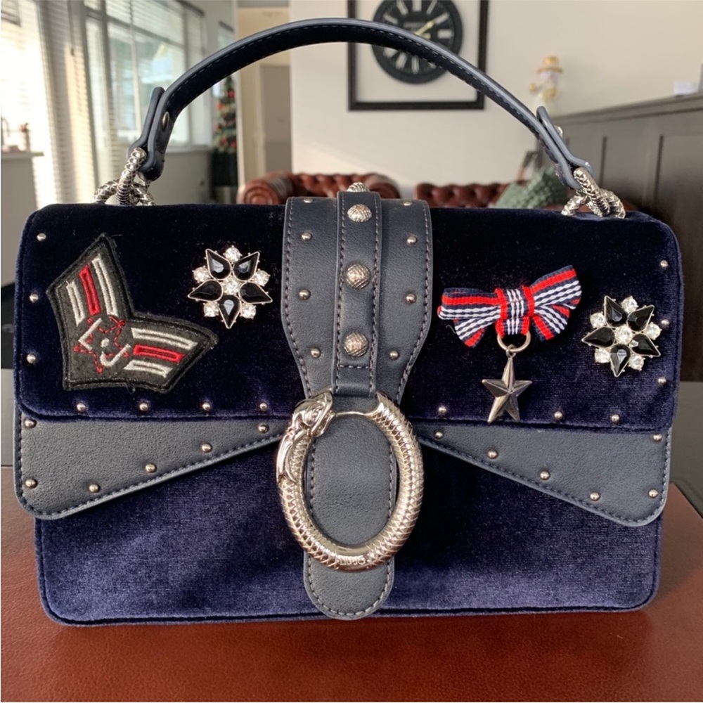 Liu Jo Velvet Navy Blue Handbag with Embellishments